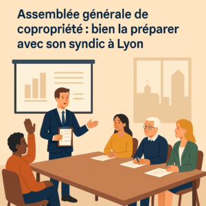 llustration d’une assemblée générale de copropriété à Lyon, animée par un syndic professionnel de l’Agence des Lices, entouré de copropriétaires échangeant autour d’un ordre du jour et de graphiques de gestion.