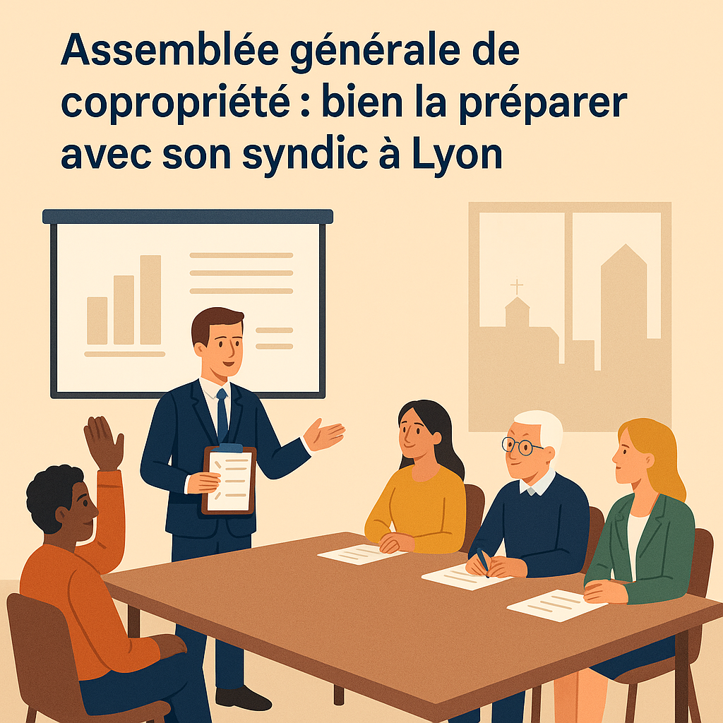 llustration d’une assemblée générale de copropriété à Lyon, animée par un syndic professionnel de l’Agence des Lices, entouré de copropriétaires échangeant autour d’un ordre du jour et de graphiques de gestion.