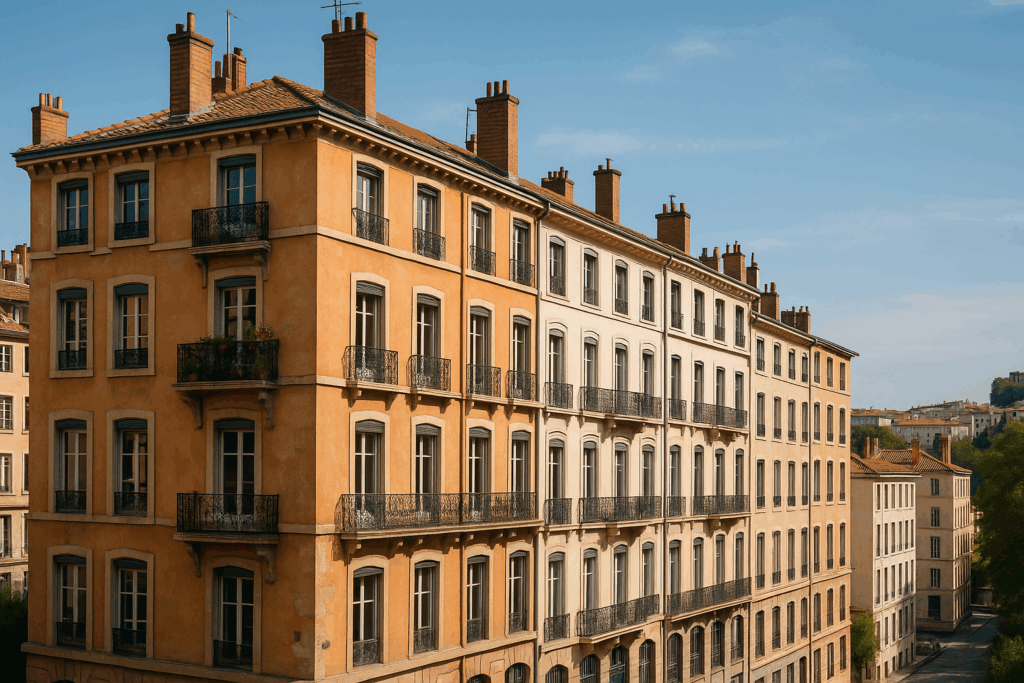 Vue d’un immeuble lyonnais avec balcon, symbole de copropriété urbaine à Lyon