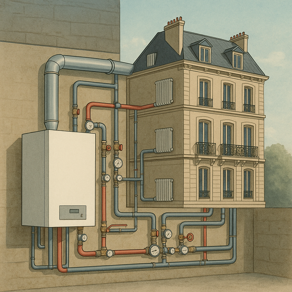 Illustration d’un système de chauffage collectif en copropriété à Lyon, avec chaudière, tuyaux et radiateurs dans un immeuble haussmannien.