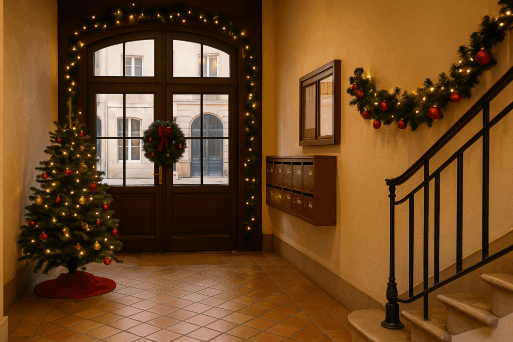 Décorations de Noël dans une copropriété à Lyon, ambiance festive et chaleureuse.