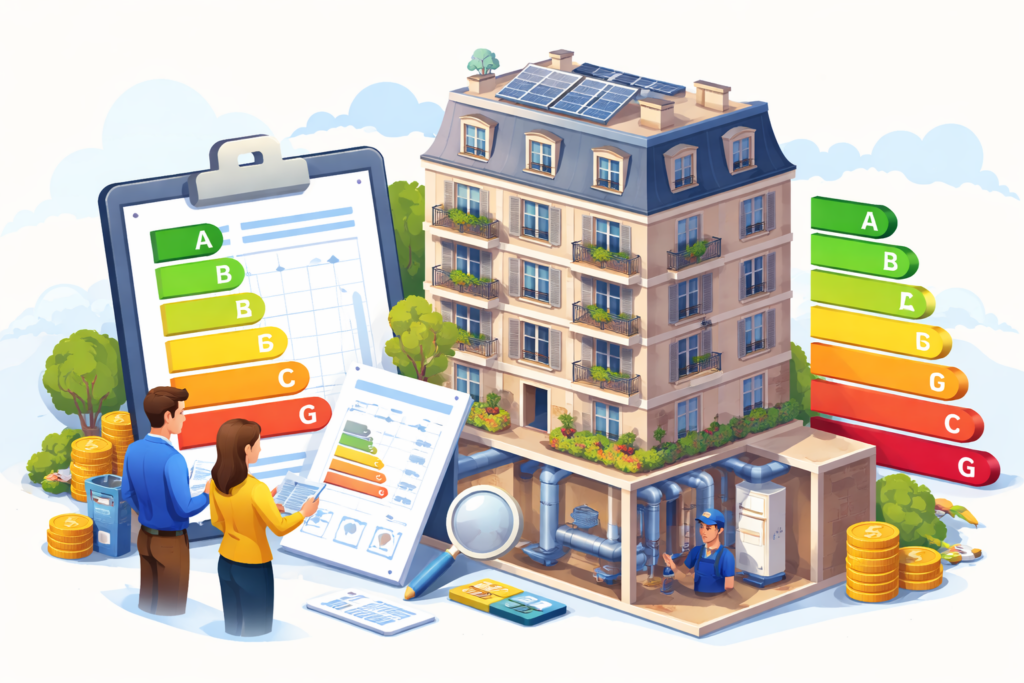 Illustration 3D DPE collectif dans une copropriété à Lyon avec analyse énergétique de l’immeuble