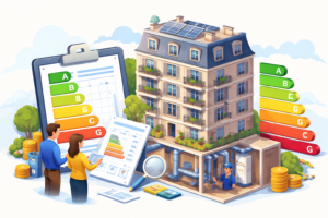 Illustration 3D DPE collectif dans une copropriété à Lyon avec analyse énergétique de l’immeuble