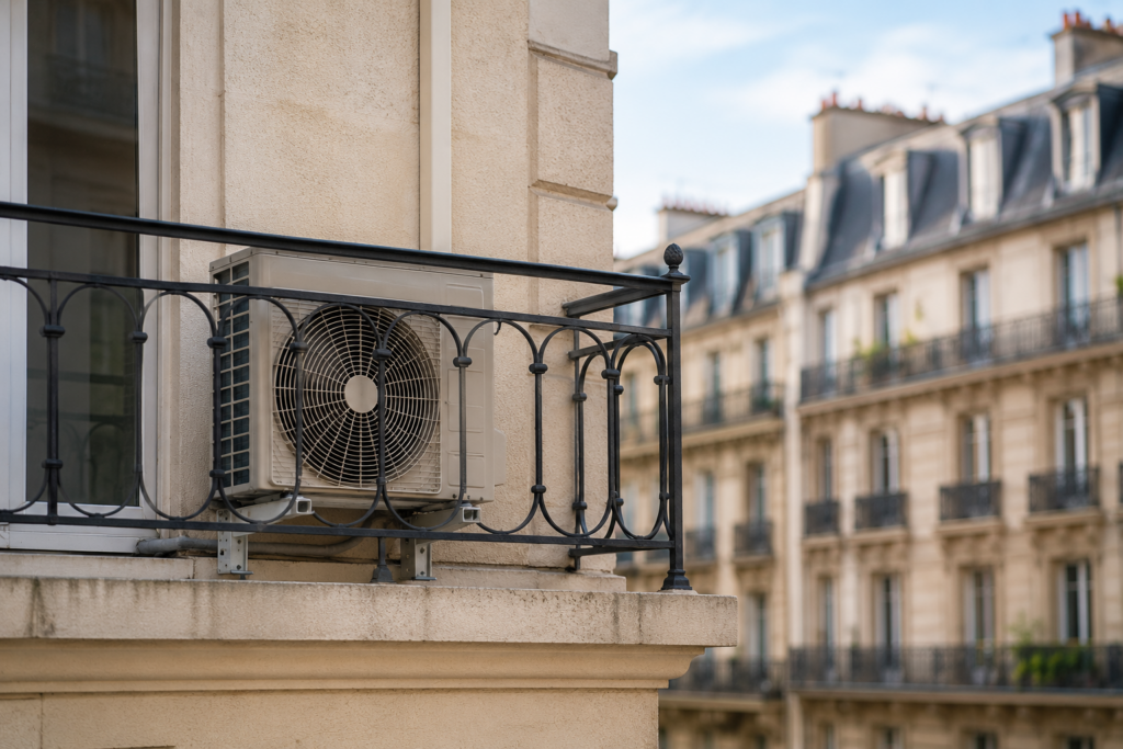 Unité extérieure de climatisation installée sur le balcon d'un appartement en copropriété