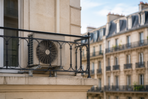 Unité extérieure de climatisation installée sur le balcon d'un appartement en copropriété