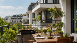 Parties communes végétalisées d’une copropriété à Lyon pendant une canicule