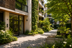 Parties communes végétalisées d’une copropriété à Lyon pendant une canicule